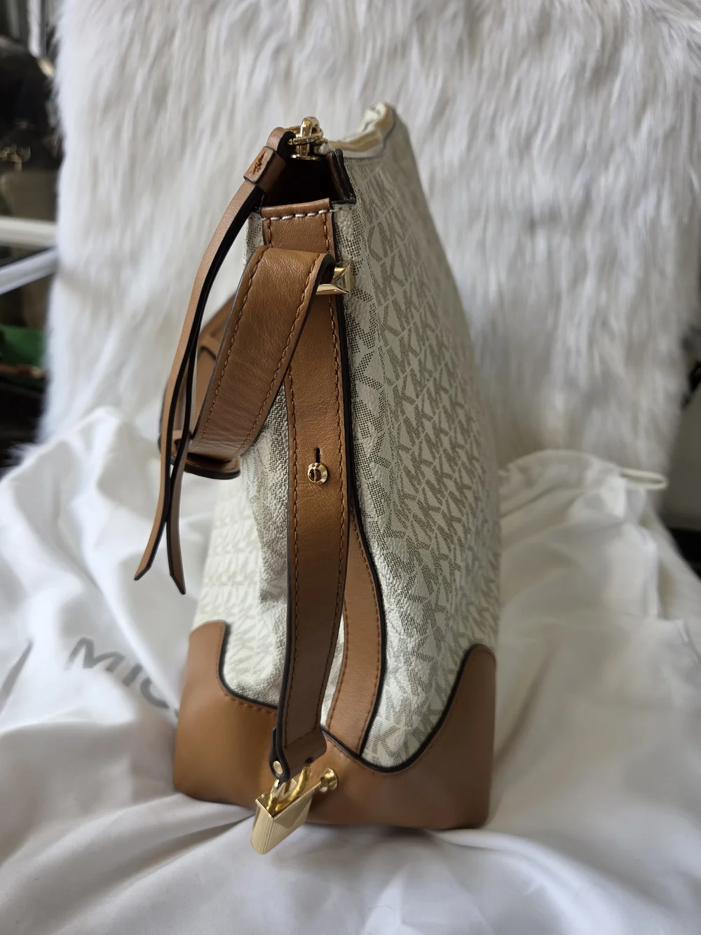 Michael Kors Cream Canvas Hobo with Tan Leather Trim